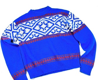 Pull style ski des années 70 VTG, pull nordique acrylique bleu rouge pour adolescents, pull de ski pour adolescents, taille 12/13 ans