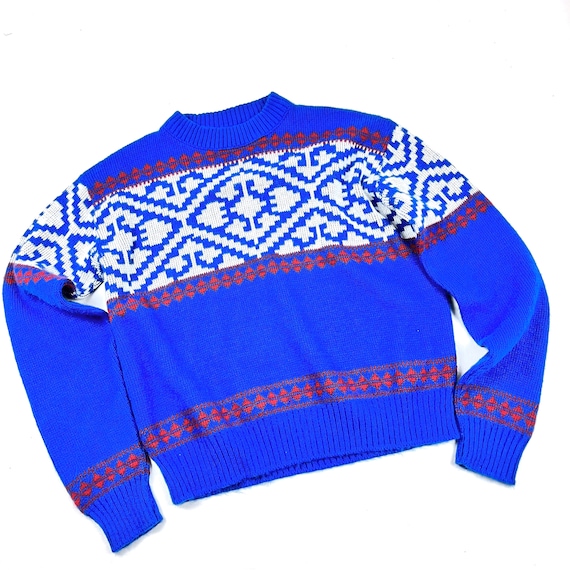 Vtg 70s ski style sweater, Teen acrylic blue red … - image 1