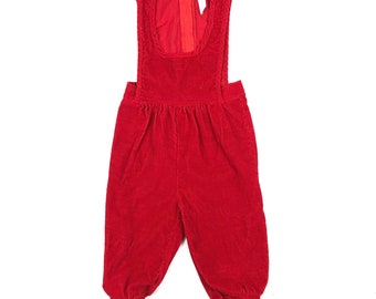 80's red corduroy jumpsuit, Vintage kids bright red jumpsuit, Corduroy overalls with elastic cuff, Size 3T
