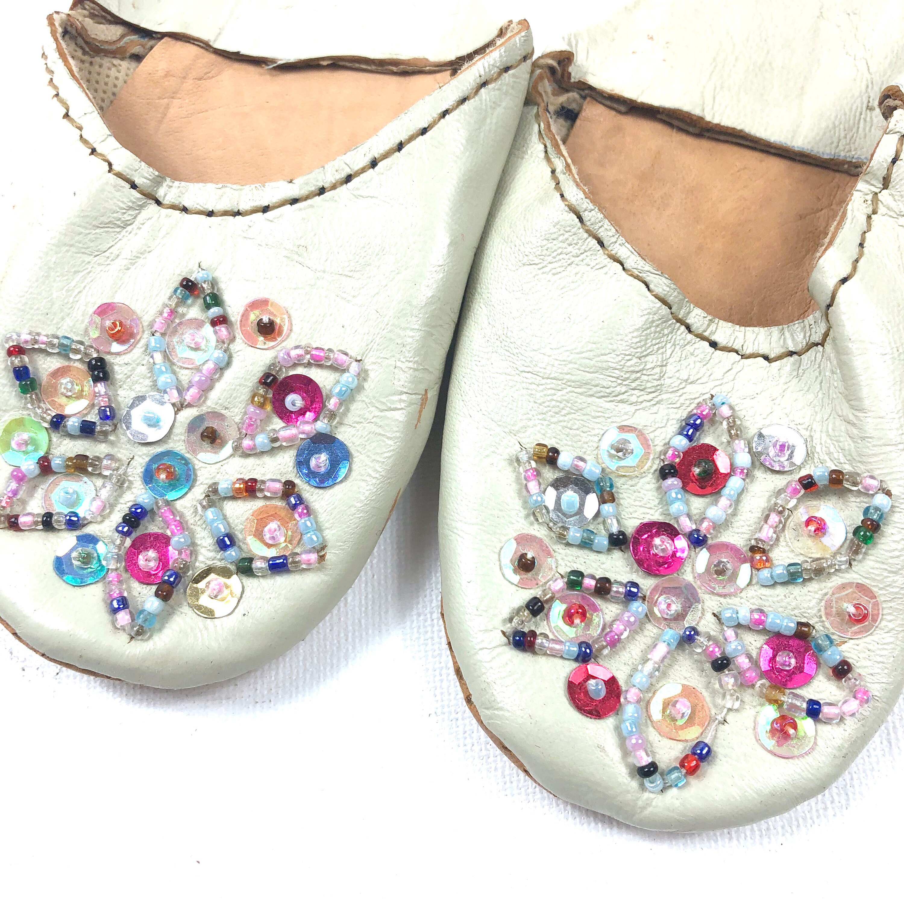 Beaded slippers Vtg Kids Beaded leather slip on slippers Etsy