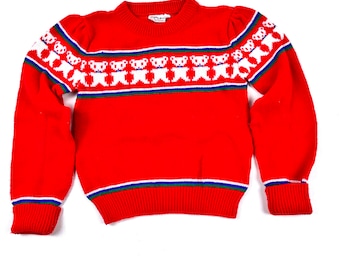 Pull en tricot VTG des années 80, pull en tricot rouge vif à motif ours pour enfants des années 80, pull en tricot basique rouge, taille 6 ans