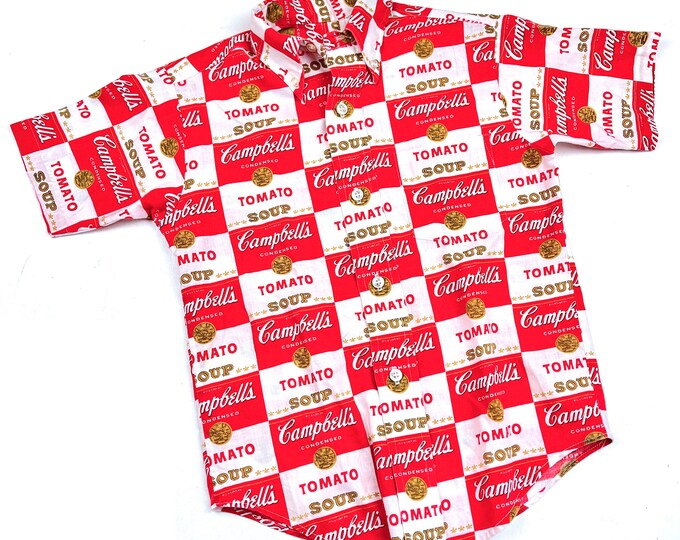 Vtg kids Campbell's Soup can printed button down shirt, Kids 1960s Campbells Soup can Warhol print, Vintage button down shirt, Size 8Y