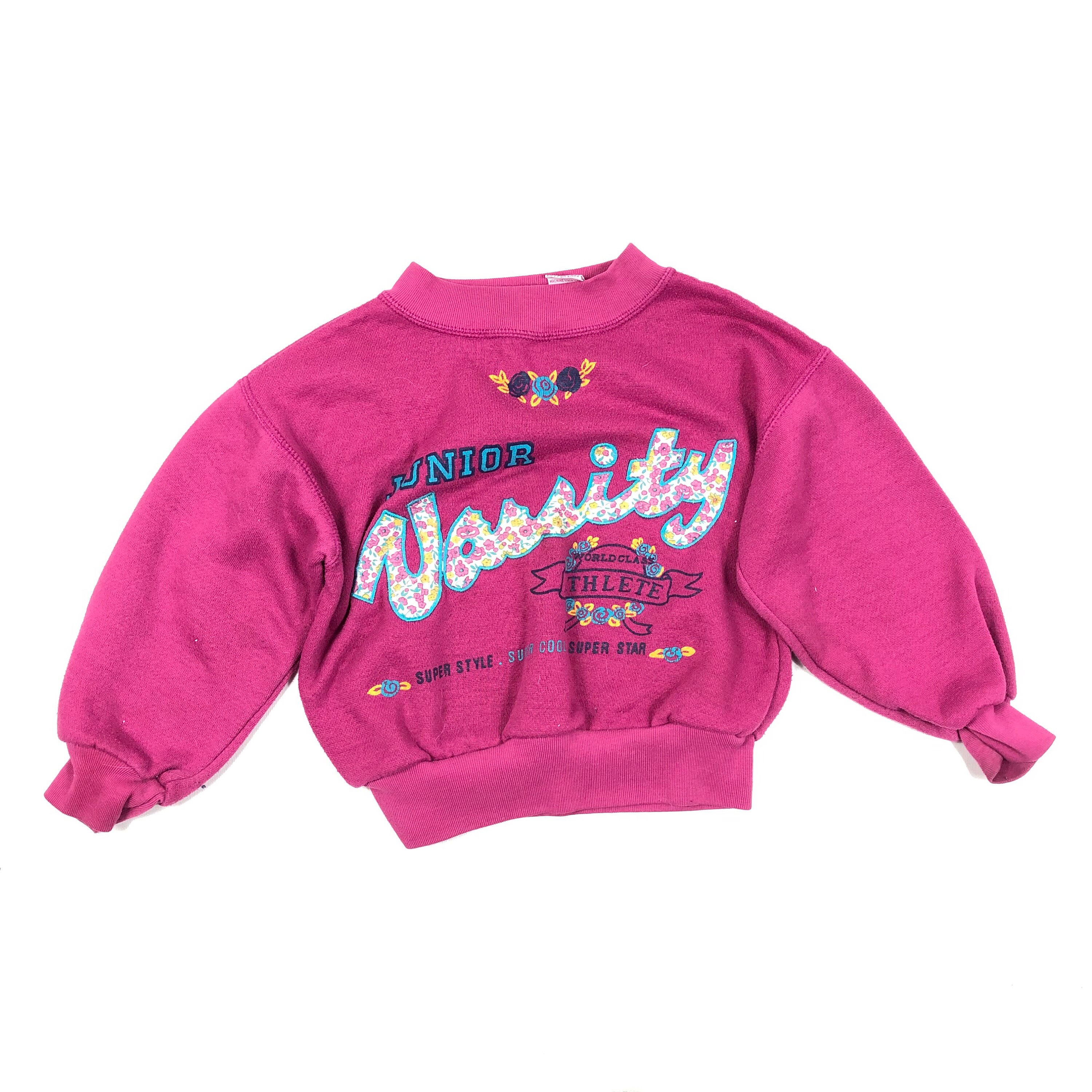 80's kids sweatshirt, Vintage kids 80s girls bright pink Junior Varsity crewneck  pullover sweatshirt, Size 4Y