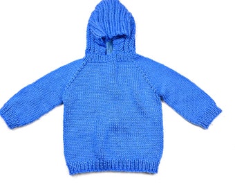 Vtg handknit hooded sweater, Baby vintage sweater with back zipper, handknit zip up sweater, Size 12M