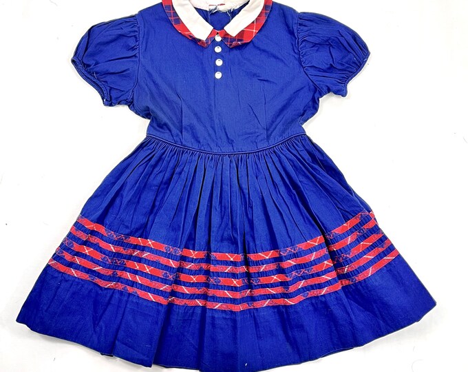 Vtg 50s cotton dress, Celeste brand navy blue dress, Vintage Girl's fit and flare cotton plaid prairie dress, Size 5Y