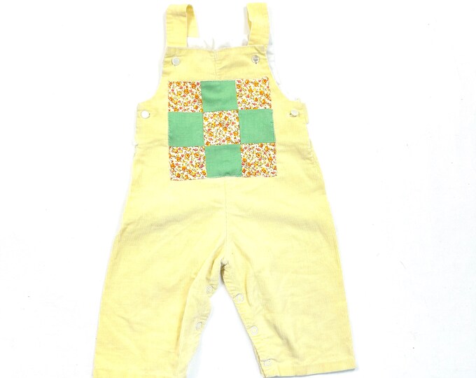 Upcycled Vintage baby corduroy overalls with patchwork bib, Baby yellow corduroy overalls, 60's baby pastel yellow overalls. Size 12M