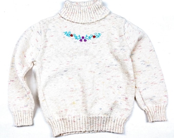 Pull VTG Healthtex, pull à col roulé vintage pour enfants en tricot moucheté ivoire, pull d'hiver des années 80, taille 4 ans