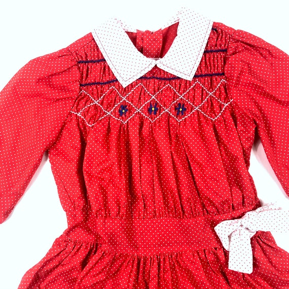 Vtg Smocked dress, Vintage kids red polka dot tun… - image 3