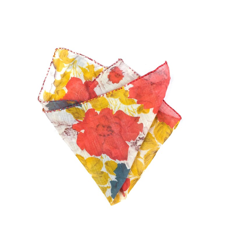square Handkerchief Vintage floral handkerchief hand sewn hem fall florals hankie