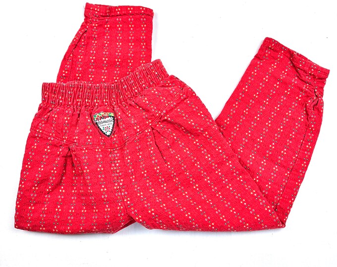 Kids Oshkosh embroidery pants, Vintage red cotton embroidered pull-up pants, 80s oshkosh, Size 5Y