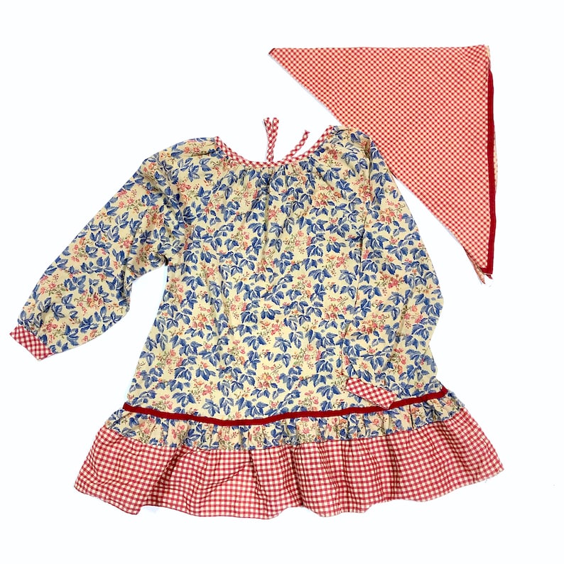 Vintage girl/'s leaf print long sleeve dress Vtg kids dress Vintage dress and hankerchief Size 6Y