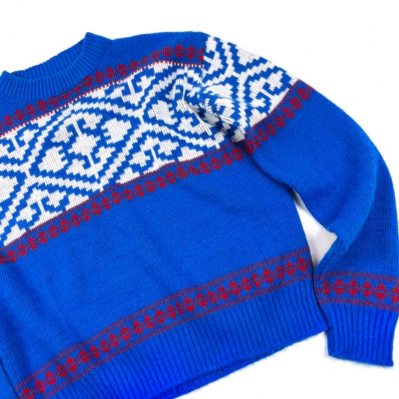 Vtg 70s ski style sweater, Teen acrylic blue red … - image 3