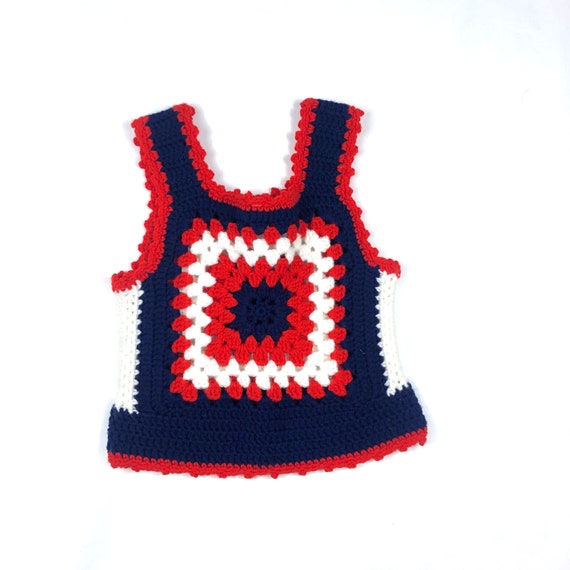 Crochet granny square vest cardigan, kids red whit