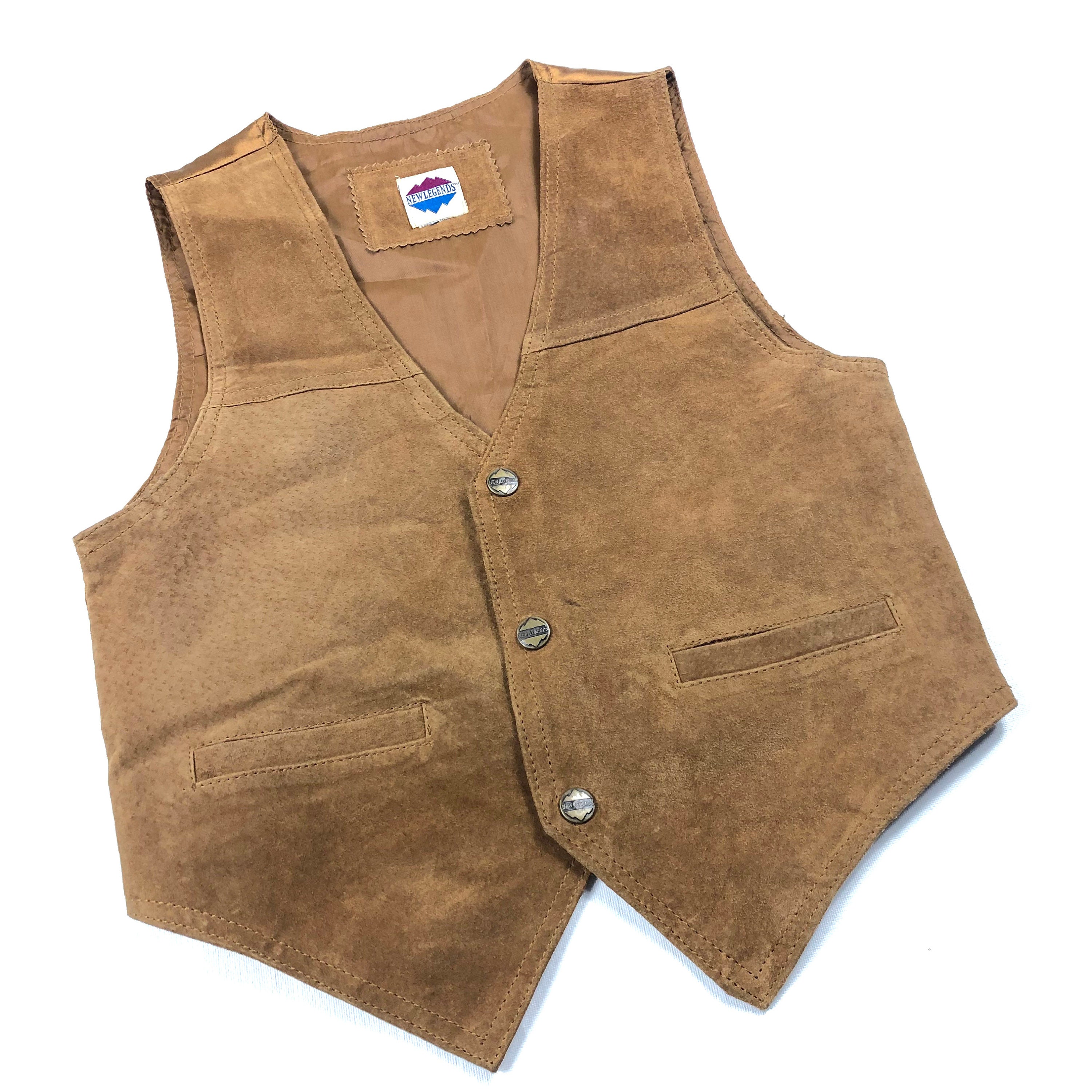80s Suede Leather Vest Vintage Kids New Legends Leather Western Cowboy Vest Brown Suede Waistcoat Size 12y
