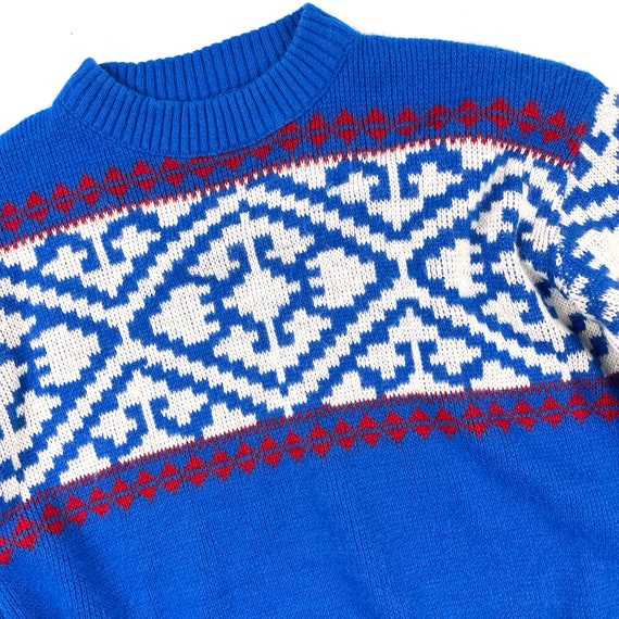 Vtg 70s ski style sweater, Teen acrylic blue red … - image 4