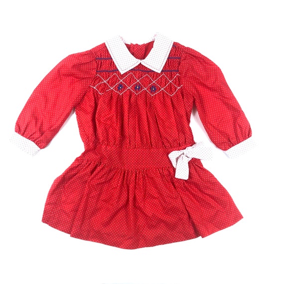 Vtg Smocked dress, Vintage kids red polka dot tun… - image 1