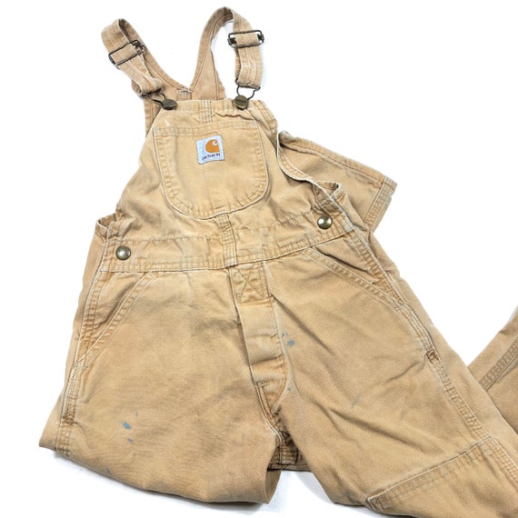 Vtg Kids Carhartt Overalls, Tan Canvas Cotton Carhartt Double Knee