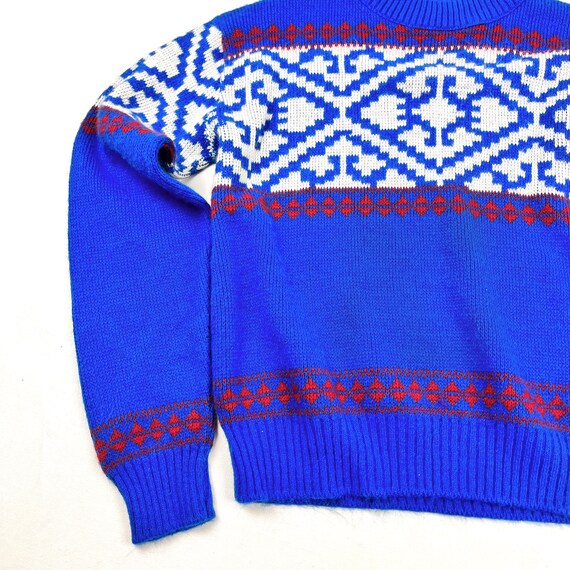 Vtg 70s ski style sweater, Teen acrylic blue red … - image 6