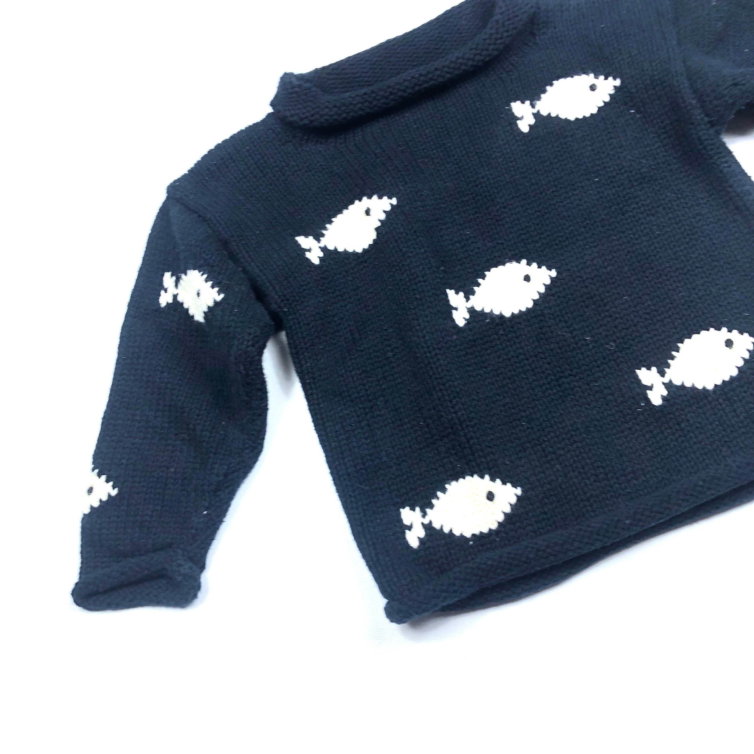 Fish pattern cotton knit sweater, Vintage 80s handknit navy and white  sweater, Kids Unisex fish pattern sweater, Size 3Y