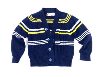 Kids 70's navy blue cardigan, fuzzy acrylic navy blue and yellow boys cardigan sweater, Size 3T