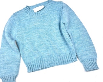 pull en tricot bleu poussiéreux vintage des années 70, pull en tricot acrylique basique vintage, pull en acrylique pour tout-petit calebasse taille 3/4 ans