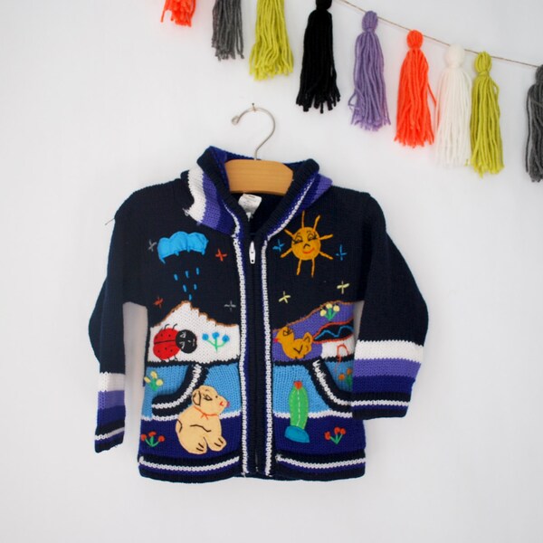 Vintage kids Peruvian zip up cardigan, Handmade cardigan, Ethnic, Embroidered applique knit sweater, size 2T