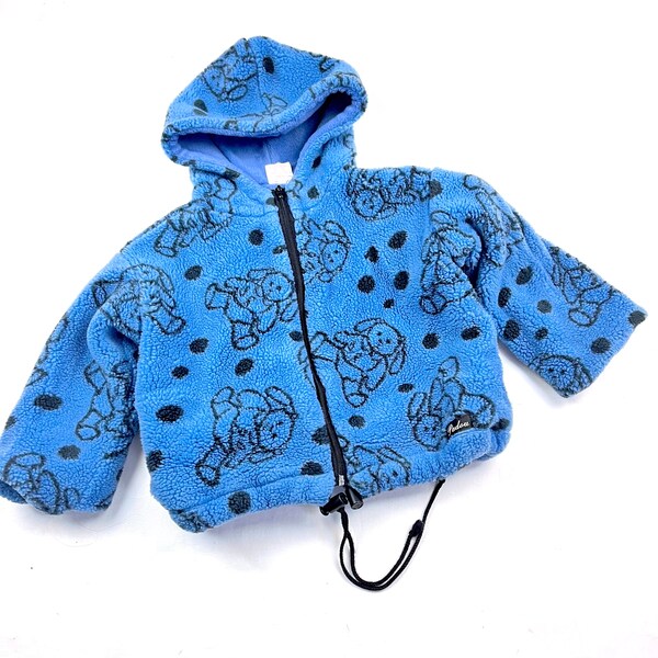 Vintage kids cropped fleece jacket, kids blue teddy bear print fleece jacket, Blue fleece vintage cropped hooded jacket, Size 6Y