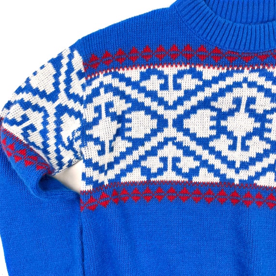 Vtg 70s ski style sweater, Teen acrylic blue red … - image 5