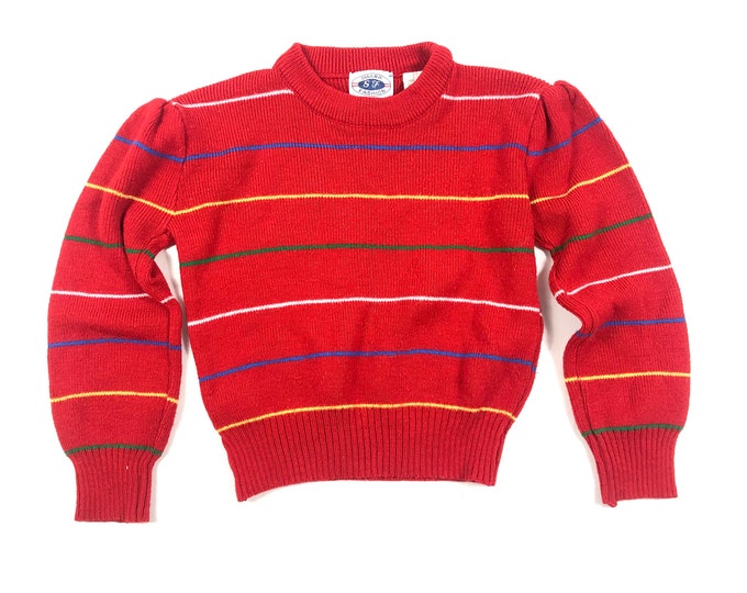 Red knit sweater, Vintage 80s stripes knit puff shoulder sweater, Bright red sweater, Size 5/6Y