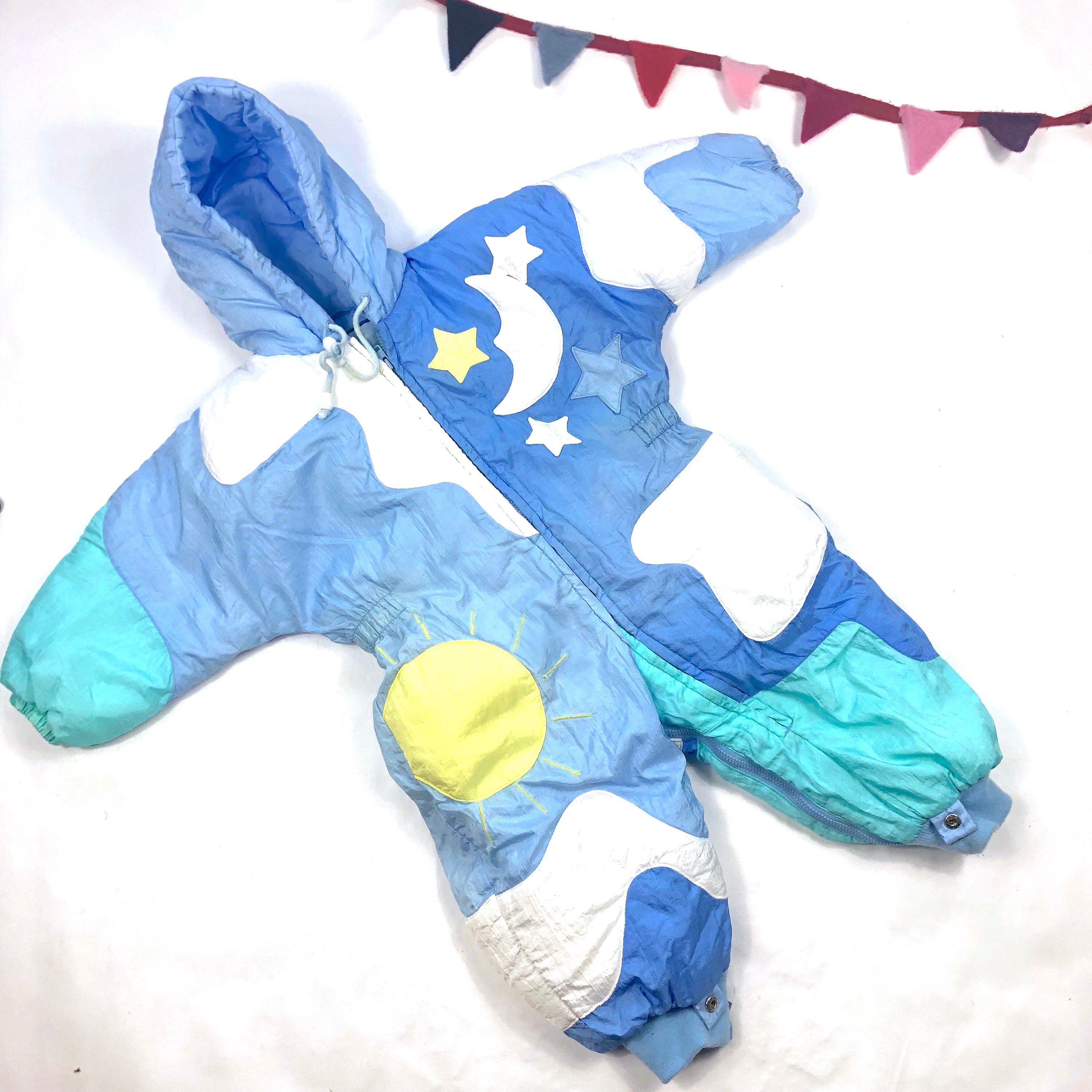 Vintage Kids 80 S One Piece Snowsuit Sun And Moon Star Print Snowsuit Kids Bunting Suit Blue Pastel Funky One Piece Winter Suit Size 18m