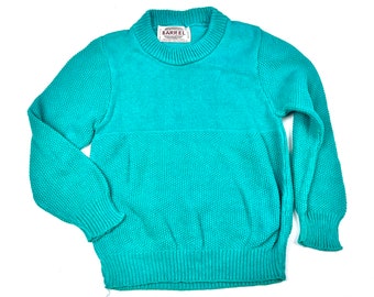 Vtg 80's teal green sweater, Kids 80's Cotton pullover sweater, textured knit sweater, Size 6/7Y