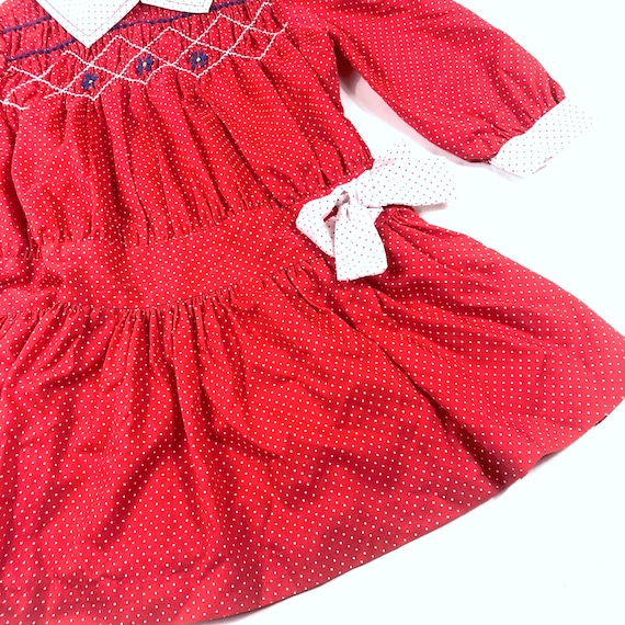 Vtg Smocked dress, Vintage kids red polka dot tun… - image 2