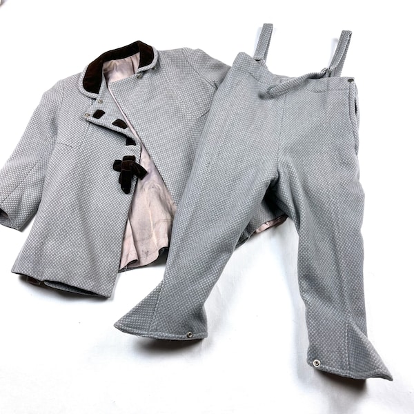 Vtg 1940/50's kids wool grey tweed peacoat jacket and pants set, girls swing coat, suspender pants, Size 4Y, as-is