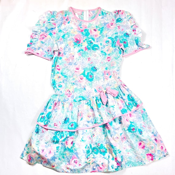 Vintage watercolor floral dress, 80's Vintage gir… - image 1