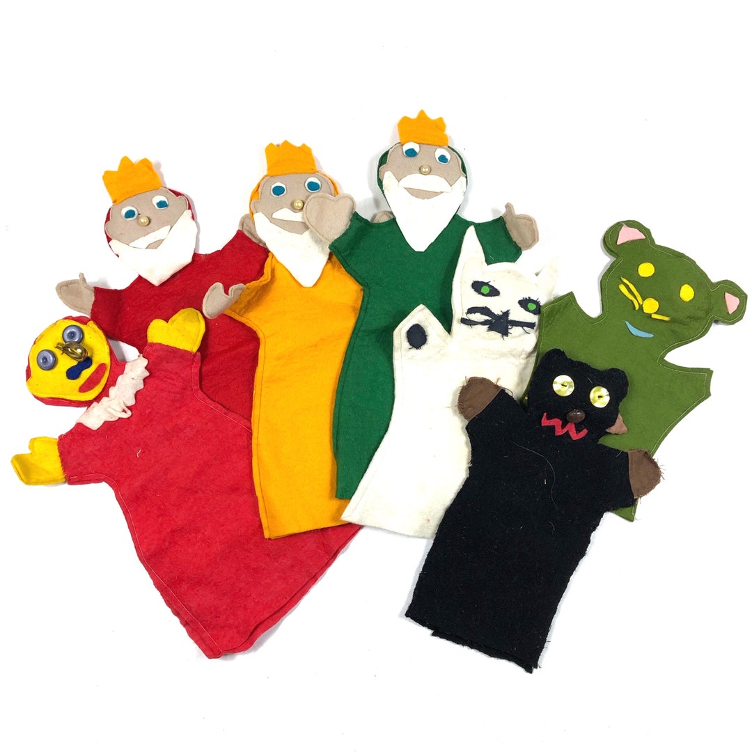 Handmade Folk Hand Puppets, Felted Handmade Puppet Lot, 3 Kings & Random Animals Lot, Vintage