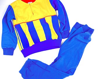 Vintage kids Absorba 2 piece sweatsuit, kids 80's jogging suit, Boy's Back to School blue yellow Absorba sweat suit, Size 5Y