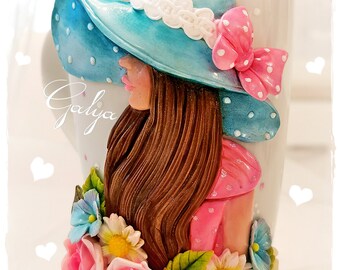 Victorian Woman Fabric Block Rose Bouquet Beautiful Long Auburn Hair