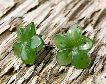 Canadian Nephrite Jade Plumeria Flower Earrings - 2301