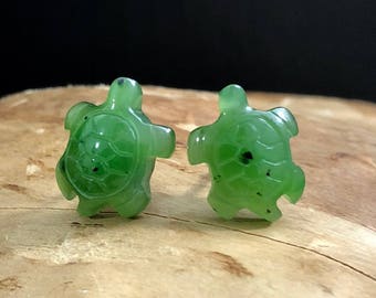Canadian Nephrite Jade Turtle Stud Earrings - Green Jade - Natural Jade