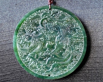 Canadian Nephrite Jade Dragon and Phoenix Pendant 55mm- Very Intricate - Jade Necklace - Natural Jade