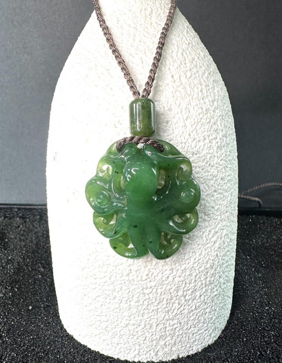 Canadian Nephrite Jade Octopus Pendant - Jade Necklace - Green Jade -