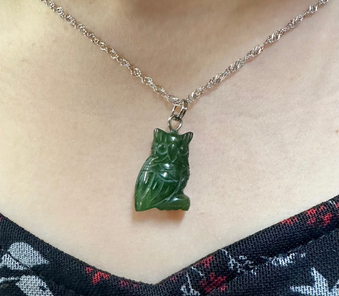 Jade Owl Charm - 17mm - Green Jade - Carving - Jade Carving