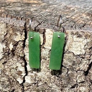 Canadian Nephrite Jade Rectangle Silver Hook Earrings - Sterling Silver - Natural Jade