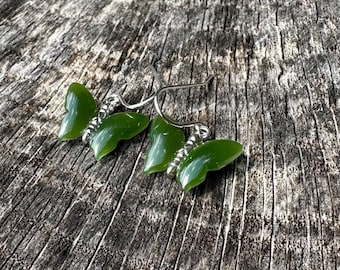 Deep Green Canadian Nephrite Jade Butterfly Earrings - Sterling Silver Earrings - Natural Jade