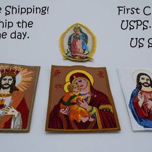 IRON ON Virgin Mary and Jesus Christ high Quality Applique Embroidery Patch for clothes Religious Sewing Projects. US Seller. Free Shipping.