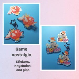 Op de afbeelding: De afbeelding toont stickers en sleutelhangers met cartoon vissen en vos karakters. De vissen zijn oranje met witte en gele details. De vos draagt een pak. De tekst luidt "Game nostalgia" en "Stickers, Keychains and pins".