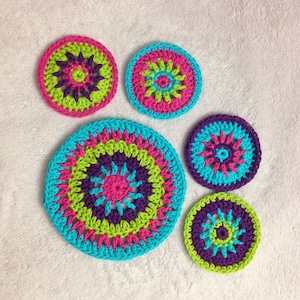 Colorful Circle Coasters and Potholder Crochet Pattern - Circle Appliqués - Mandala - Instant Download