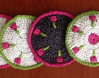 Crochet Coaster Pattern / Tutorial: Tulips All Around, Coaster Crochet Pattern, Mandala Appliqué - Instant Download