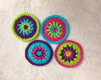 Colorful Circle Coaster Crochet Pattern, Crochet Coaster Set, Crochet Pattern, Circle Appliqués, Crochet Mandala Pattern - Instant Download
