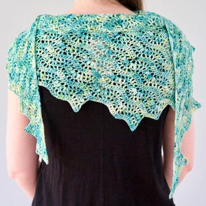 May include: A handmade, open-weave shawl in shades of teal, blue, and yellow. The shawl is crocheted with a scalloped edge and is draped over a person's shoulders, showcasing the intricate stitchwork and color variations.